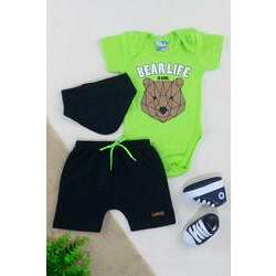 Conjunto Body Bebê Menino Bear Life Verde/Preto