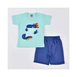 Conjunto de Verão Infantil Masculino Blusa Verde Dinossauro e Short Azul